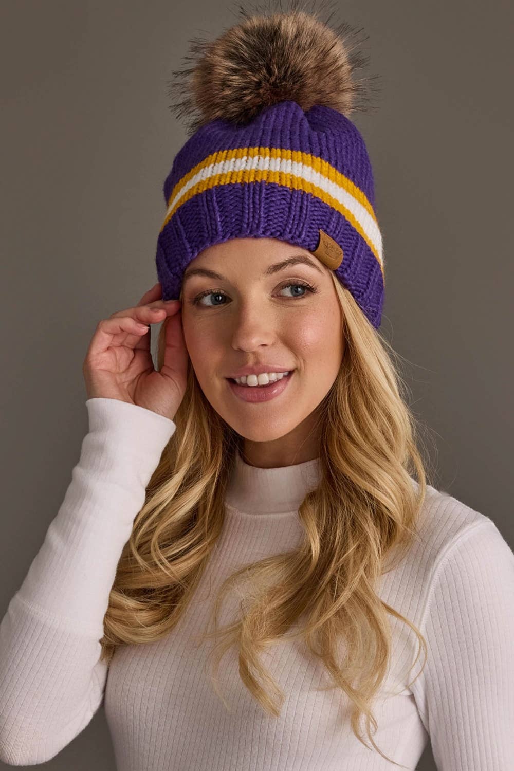 Purple, Gold & White Knit Pom Hat