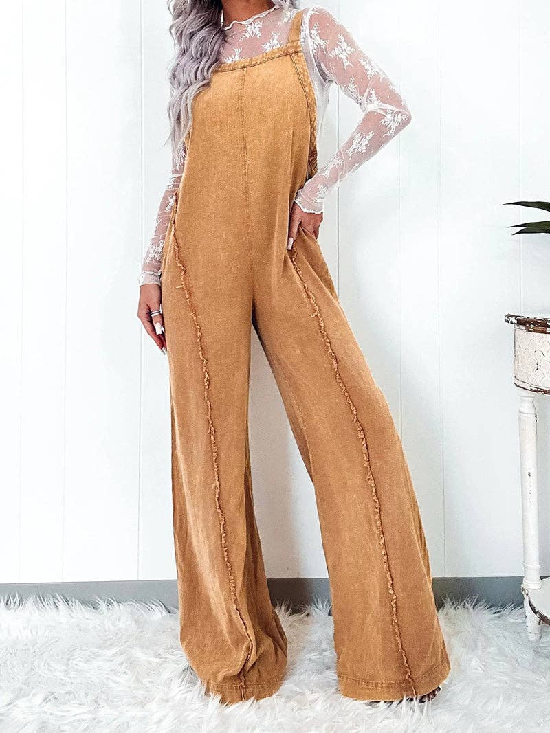 Wide-Leg Denim Romper: YELLOW / L