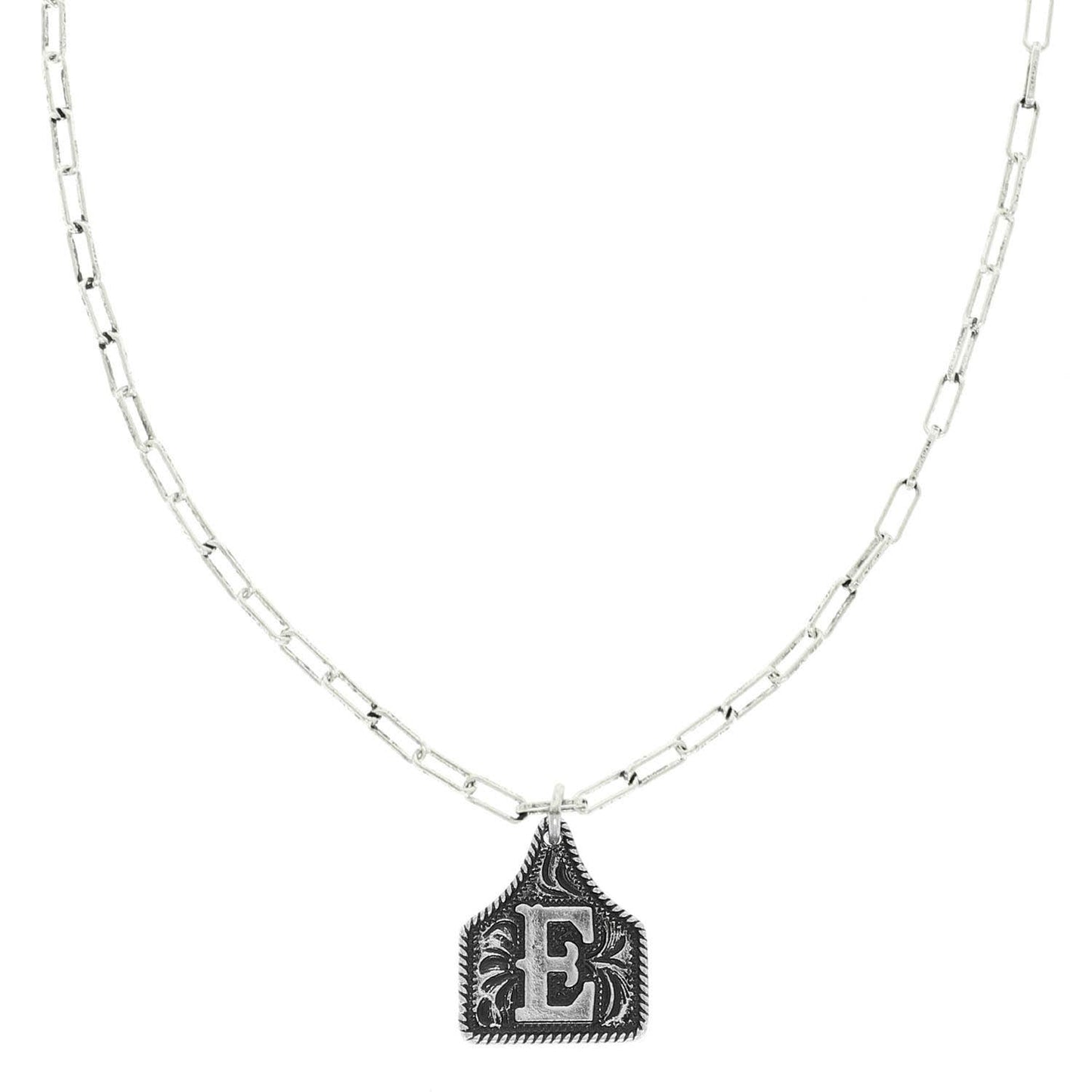 Western Letter Initial Etched Cattle Tag Pendant Necklace