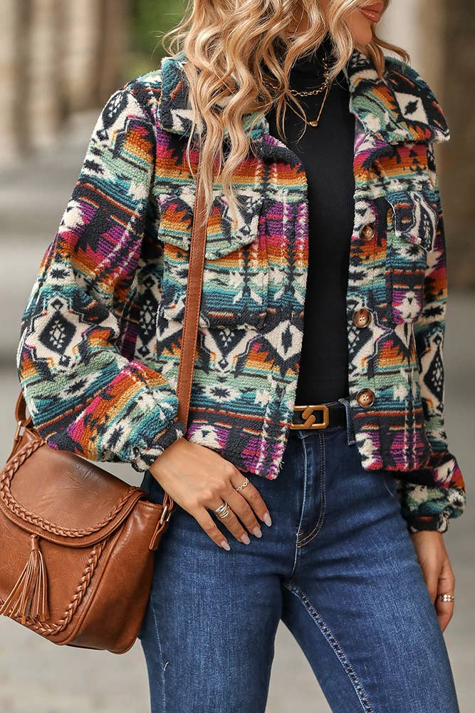 Western Aztec Pattern Button Up Fleece Crop Jacket
