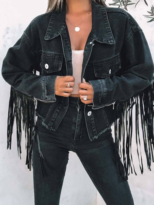 Denise Tassel Denim Jacket: Black