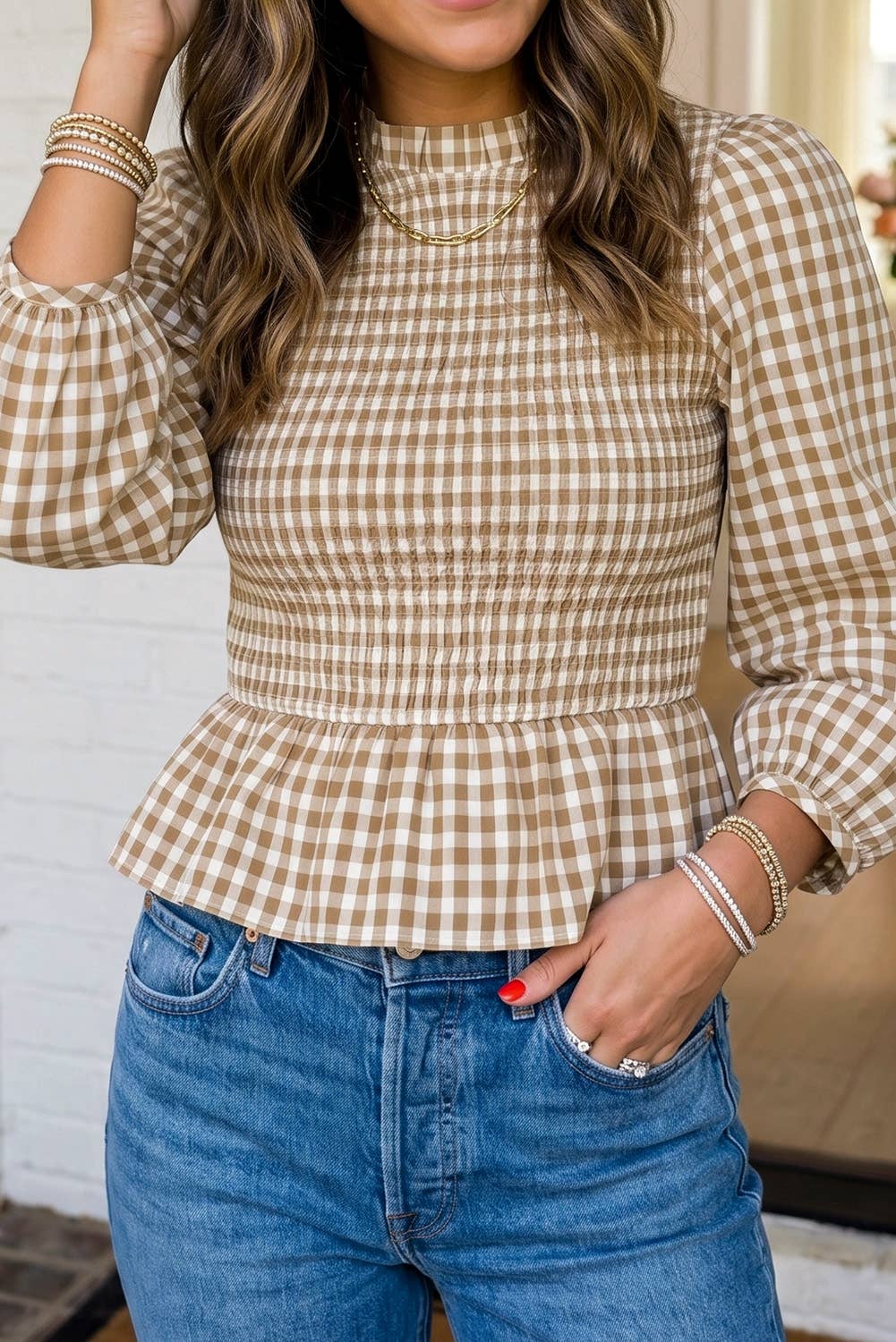 LAS Plaid Smocked Bubble Sleeve Casual Blouse: Brown