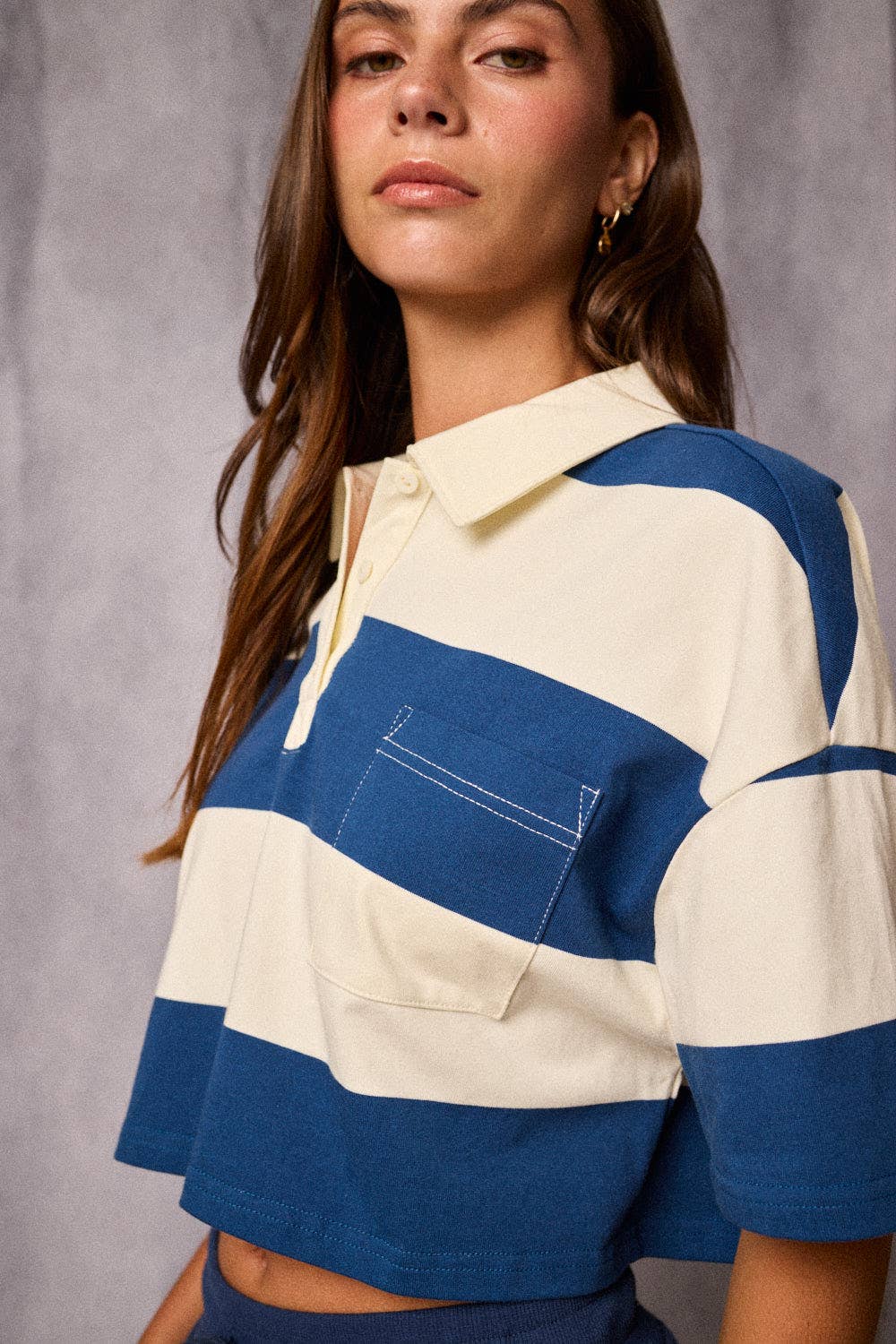Cropped Rugby Stripe Polo Top  : IVORY/HUNTER