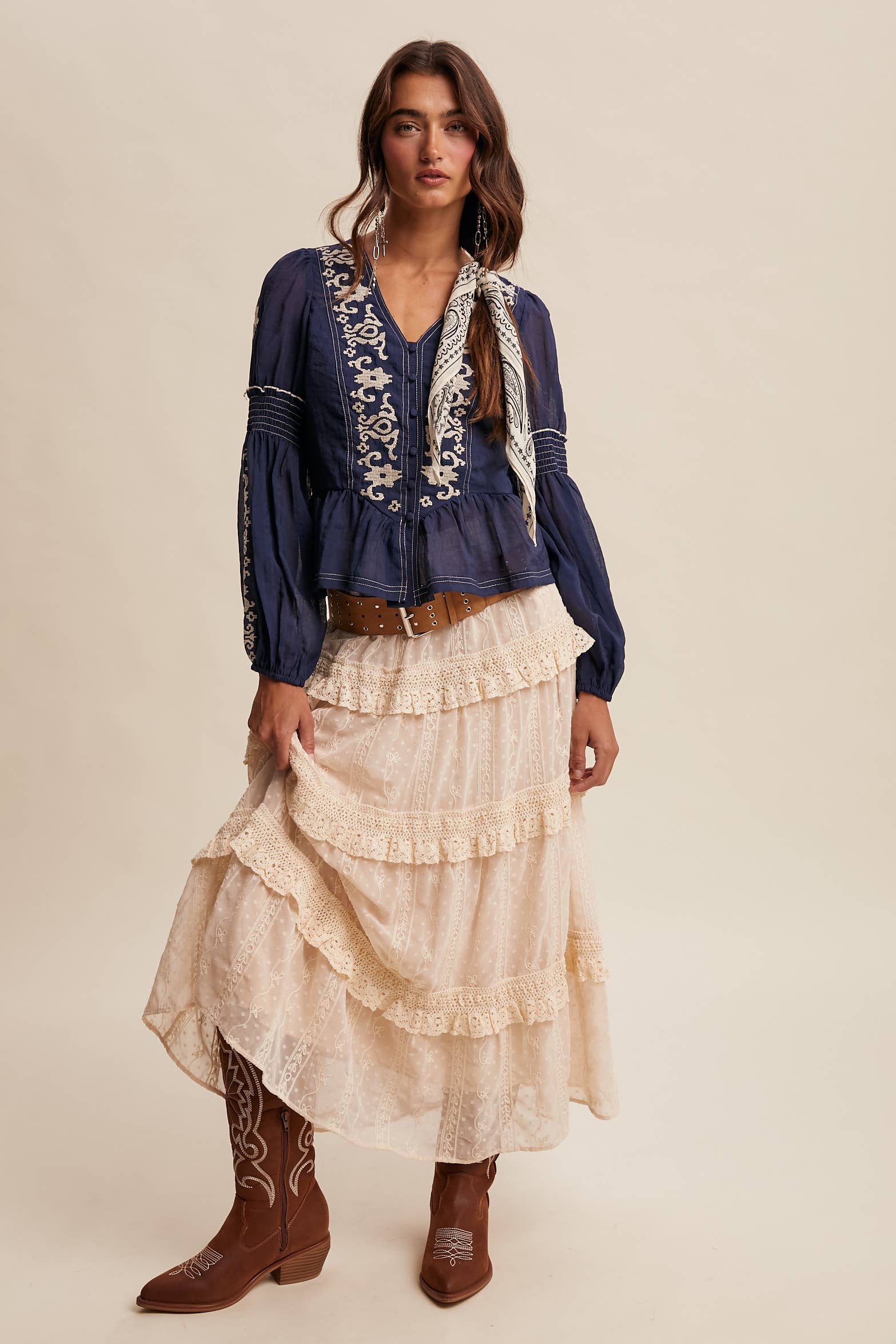 Embroidered Peplum Blouse LT1433: Navy