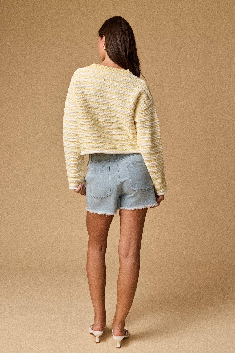 PT19289 - Textured Stripe Cropped Knit Top: YELLOW /