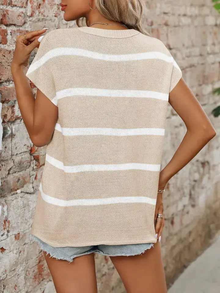 Striped Crewneck Sweater Thick Knit Casual Blouse: White