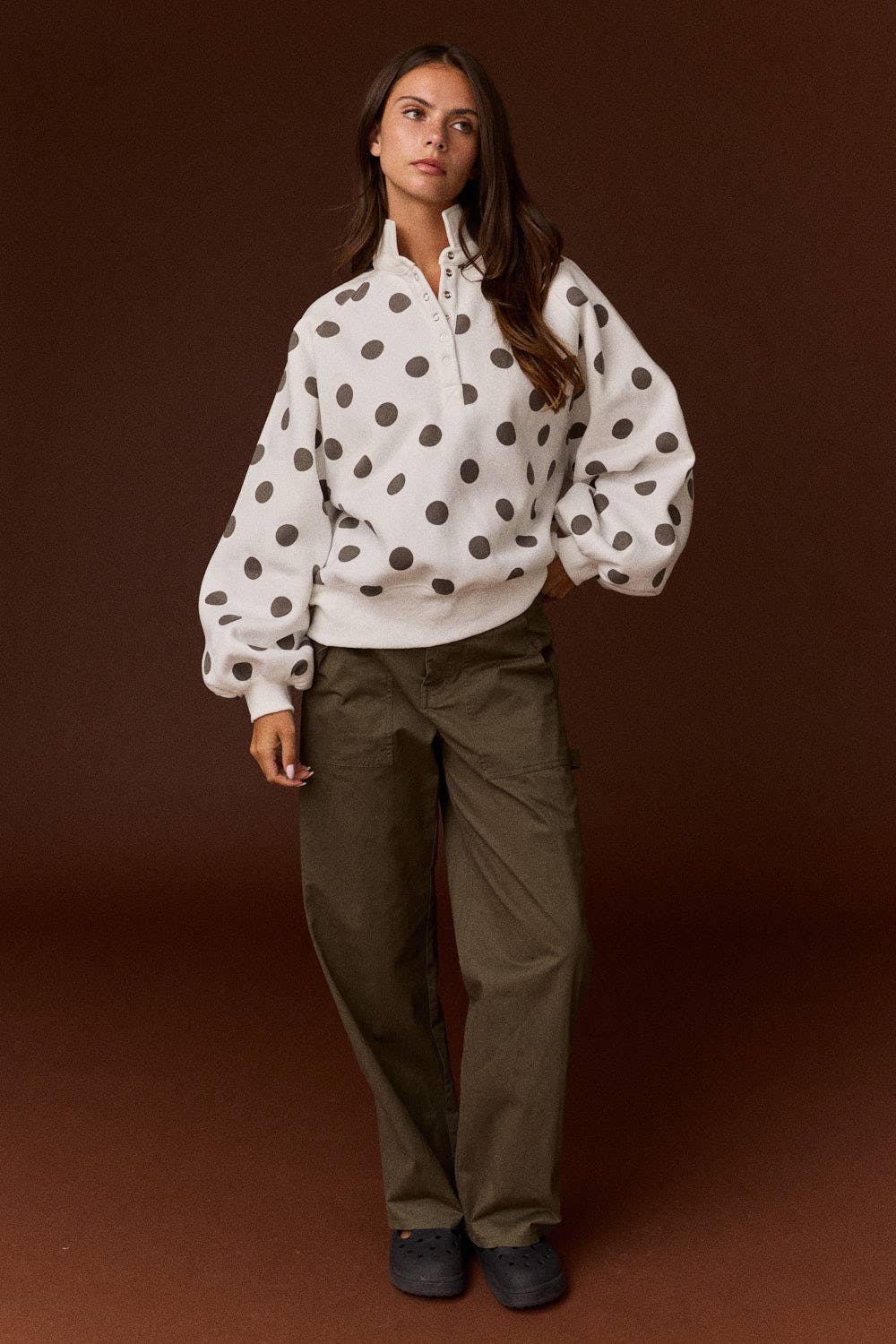 Collar Half-Snap Button  Polka Dot Sweatshirt: WHITE/BROWN DOT
