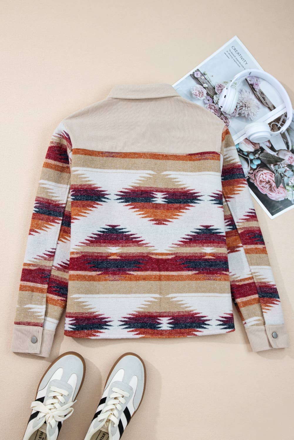 Western Aztec Striped Patchwork Raw Hem Shacket