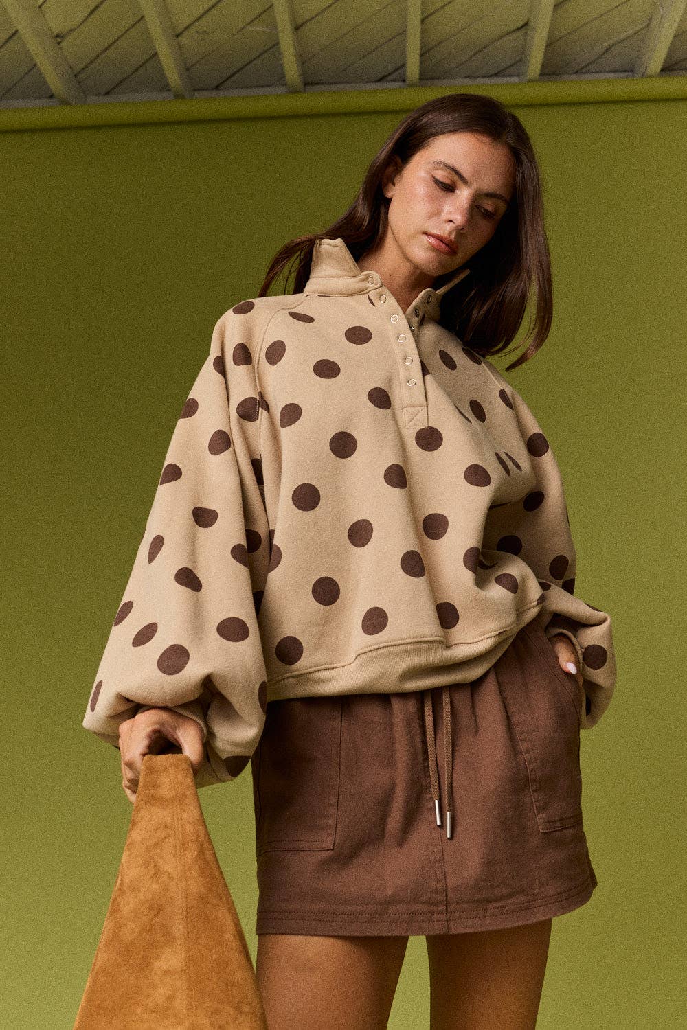 Collar Half-Snap Button  Polka Dot Sweatshirt: WHITE/BROWN DOT