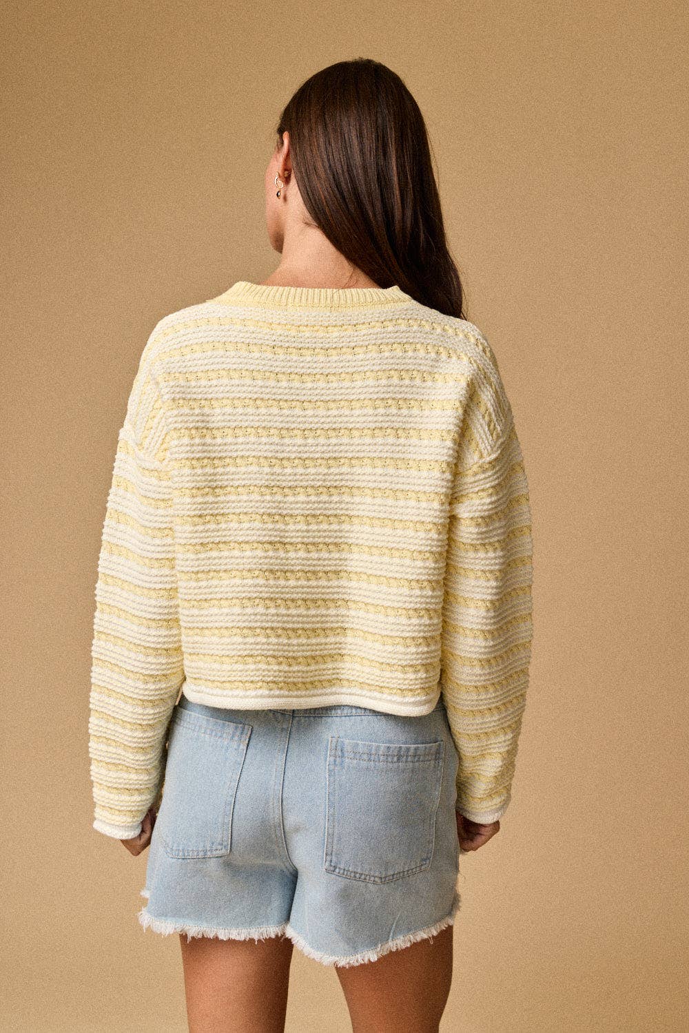 PT19289 - Textured Stripe Cropped Knit Top: YELLOW /