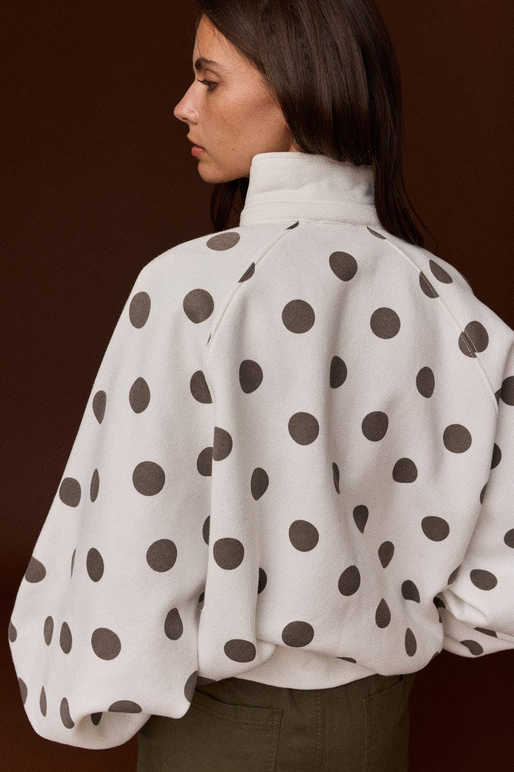 Collar Half-Snap Button  Polka Dot Sweatshirt: WHITE/BROWN DOT