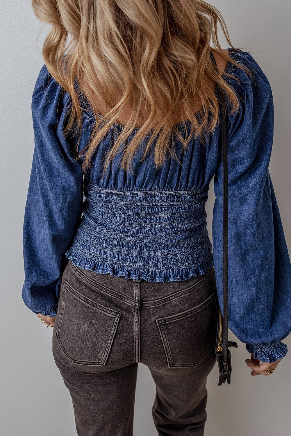 Ruffled Puff Sleeve V Neck Denim Blouse: Dark Blue