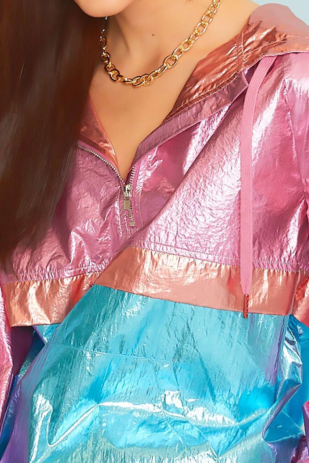 Color Block Hoodie Metallic Windbreaker