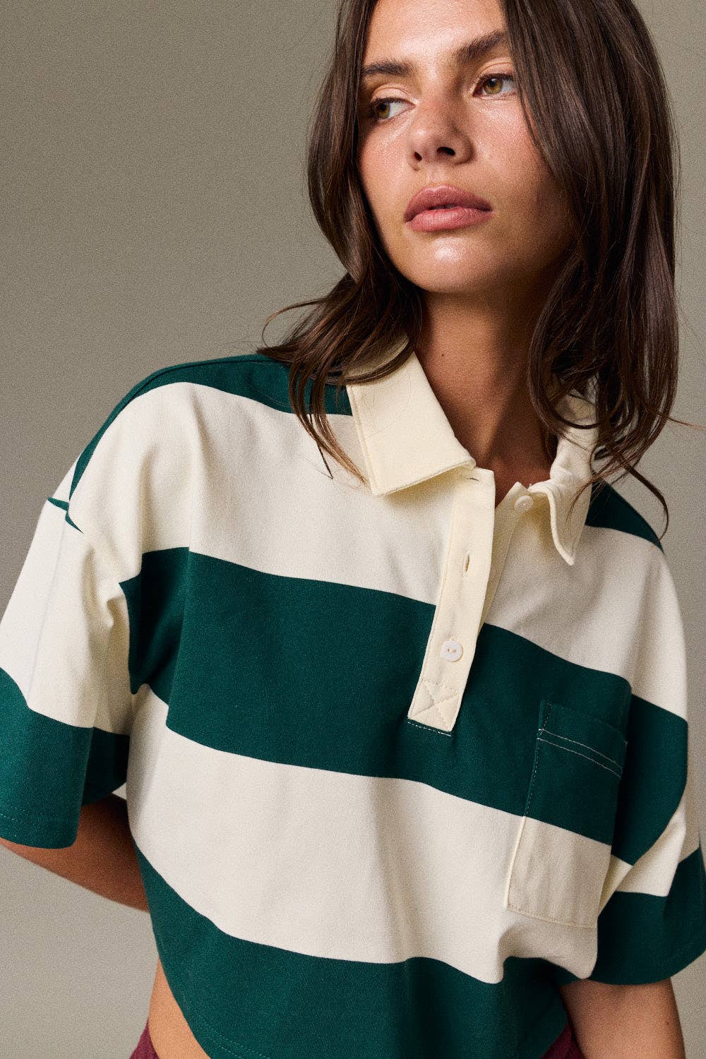 Cropped Rugby Stripe Polo Top  : IVORY/HUNTER