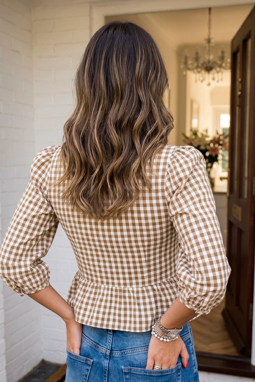 LAS Plaid Smocked Bubble Sleeve Casual Blouse: Brown