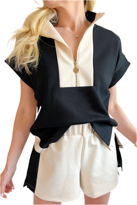 Black Contrast Zipped Stand Collared T Shirt and Short Set: Black