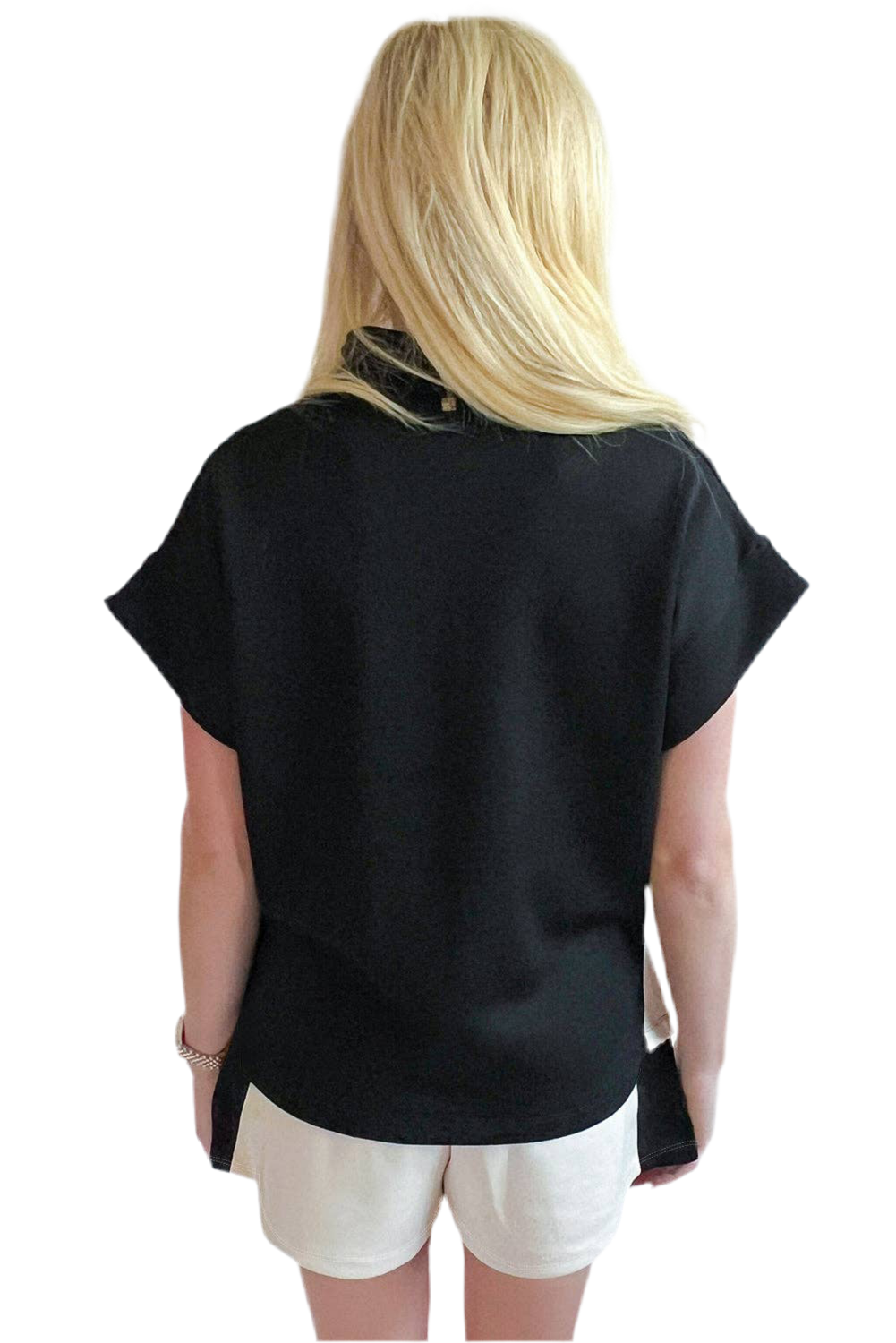 Black Contrast Zipped Stand Collared T Shirt and Short Set: Black