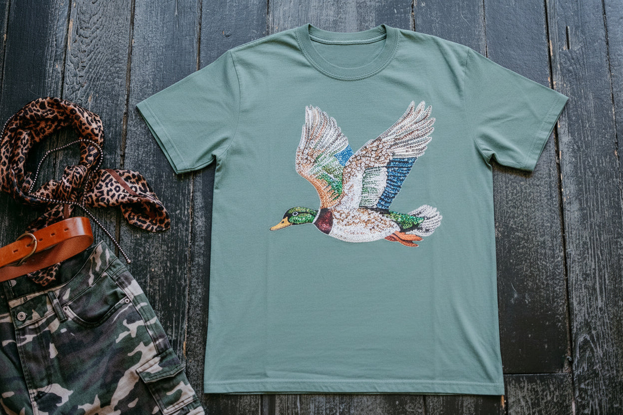 Green t-shirt with a duck graphic on a wooden surface with camouflage pants and a hat.