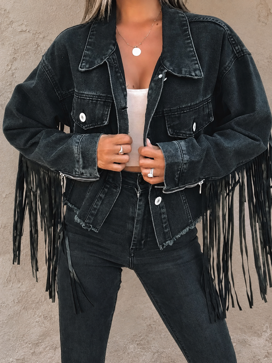 Denise Tassel Denim Jacket: Black