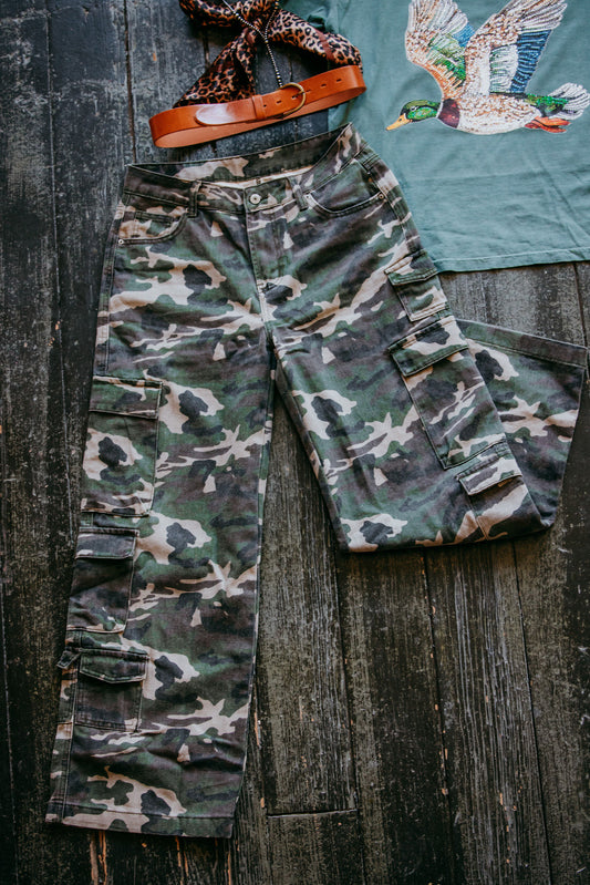Camo Denim Cargo Wide Leg Pants