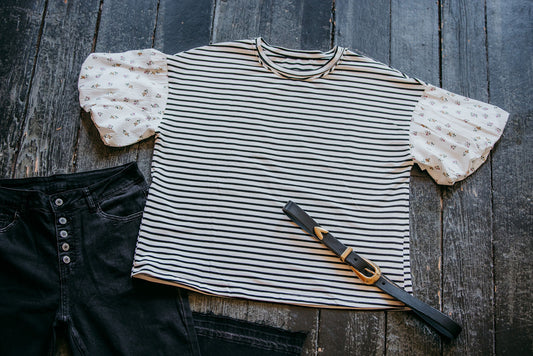 Floral Stripe Puff Sleeve Round Neck Top: Black Stripe