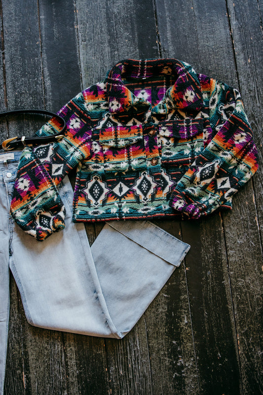 Western Aztec Pattern Button Up Fleece Crop Jacket