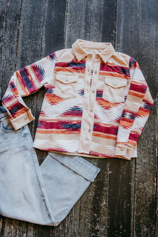 Western Aztec Striped Patchwork Raw Hem Shacket