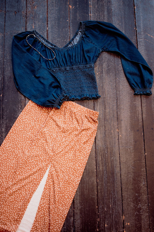 Ruffled Puff Sleeve V Neck Denim Blouse: Dark Blue