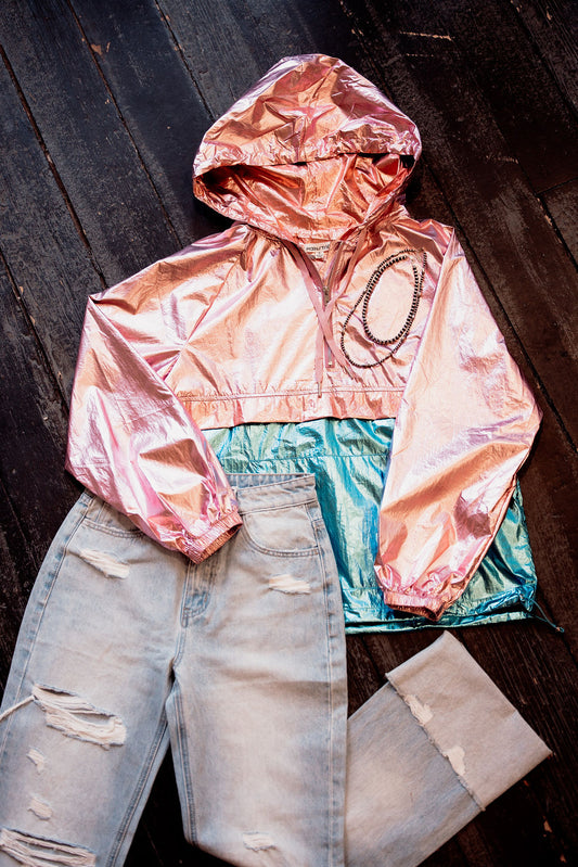 Color Block Hoodie Metallic Windbreaker
