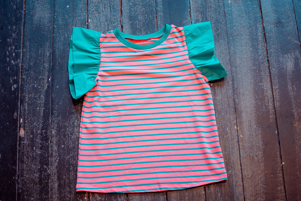 Striped Ruffled Sleeve Crew Neck Blouse