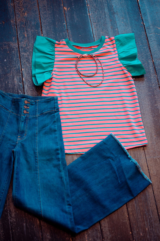 Striped Ruffled Sleeve Crew Neck Blouse