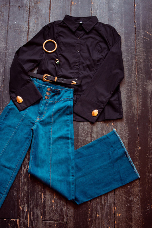 Long Sleeved Loose Buttoned Lapel Blouse Top