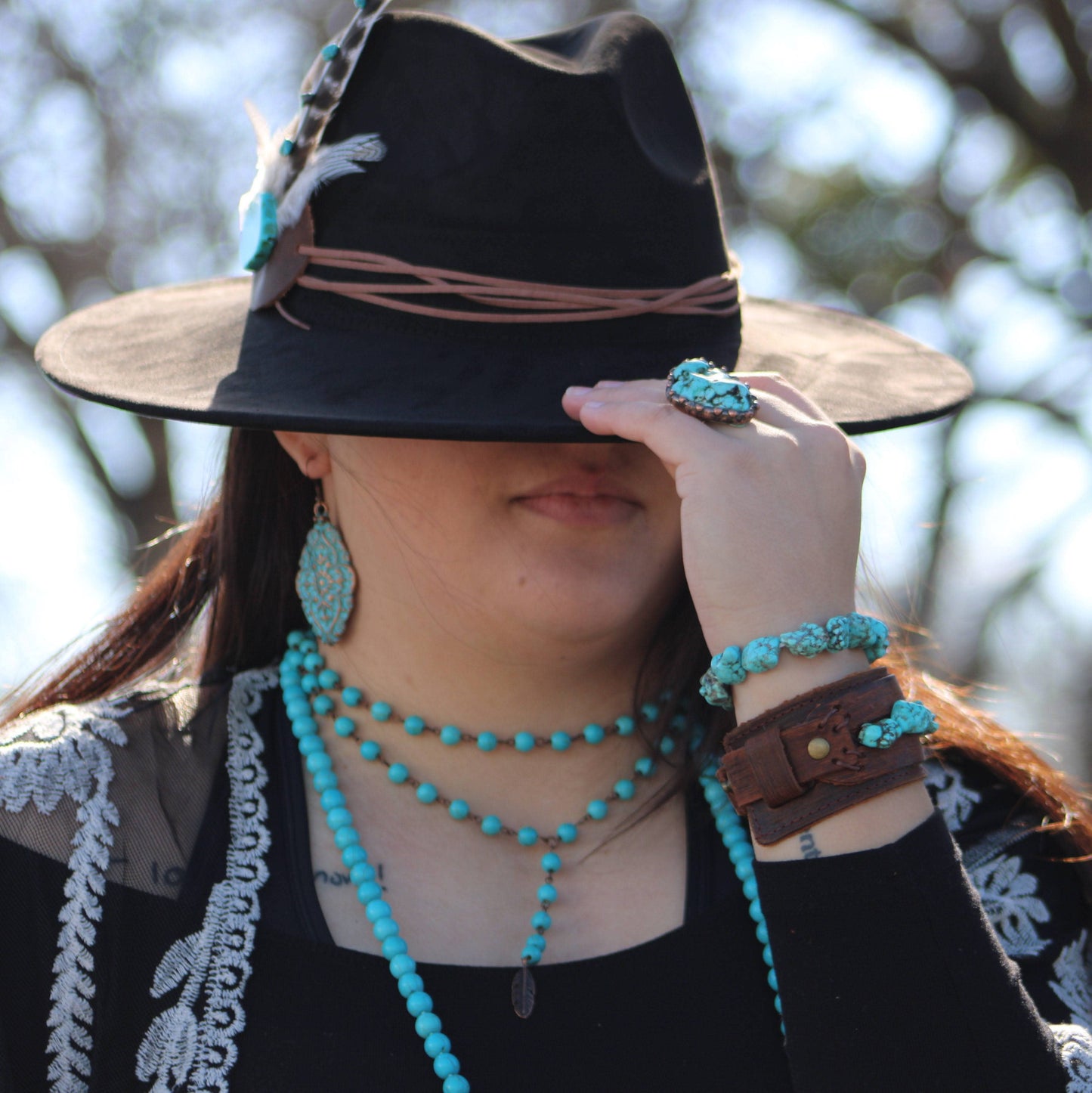 Double Strand Lariat Turquoise Necklace w/ Feather Pendant