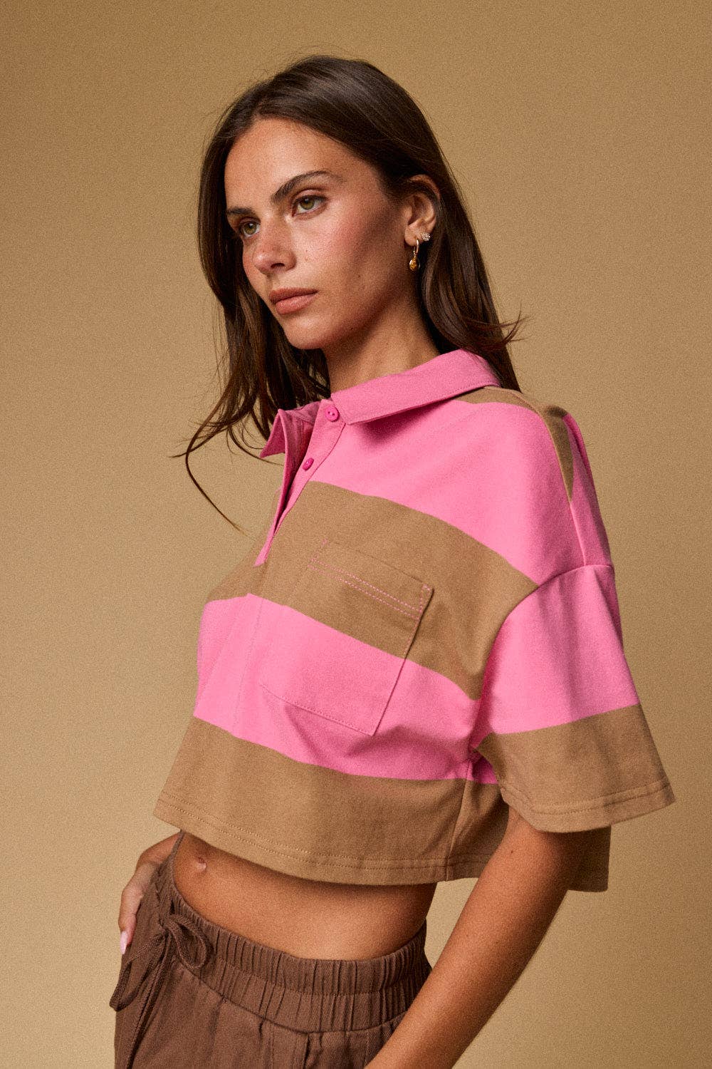 Cropped Rugby Stripe Polo Top  : IVORY/HUNTER