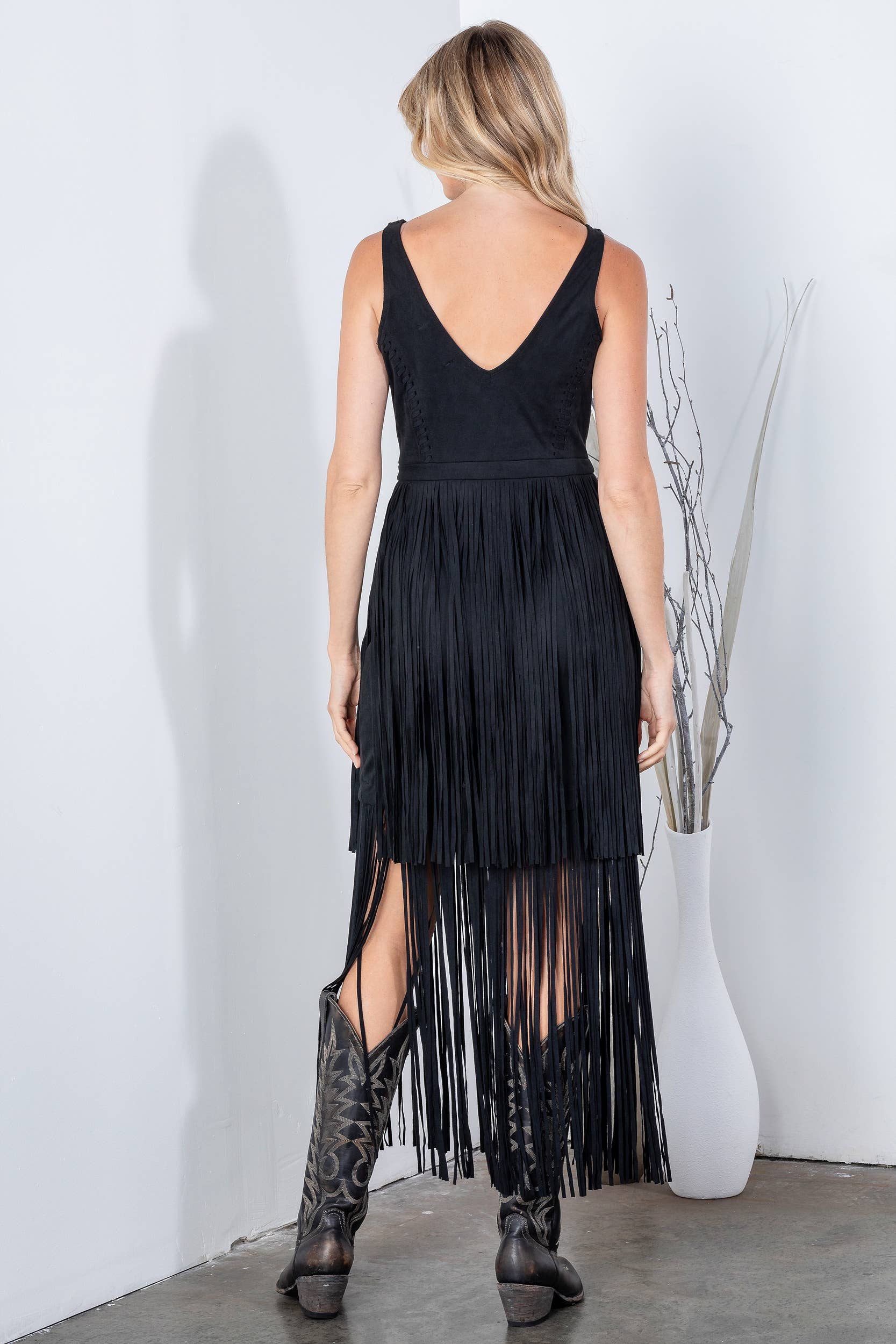 SOUTHERN FRINGE SUEDE DRESS: BLACK