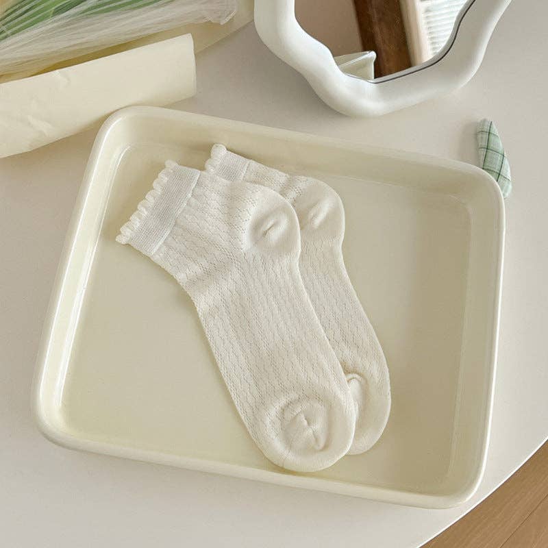 Cute Solid Color Mesh Ruffle Ankle Sock White