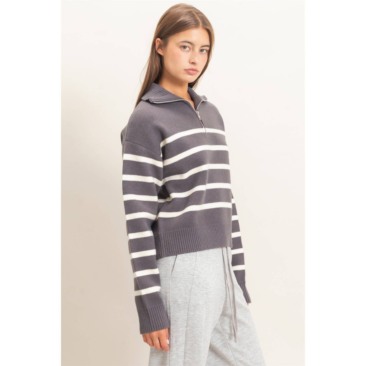 Half-Zip Collared Stripe Sweater: CHARCOAL