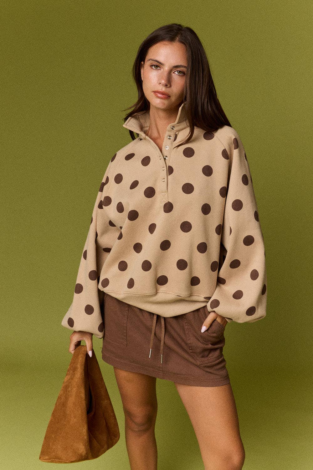 Collar Half-Snap Button  Polka Dot Sweatshirt: WHITE/BROWN DOT