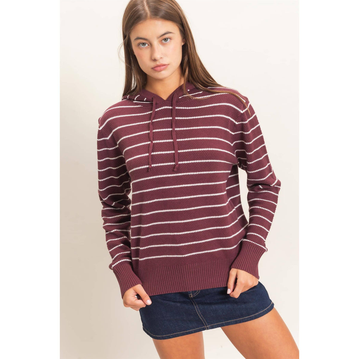 Striped Hooded Sweater: DARK CHERRY