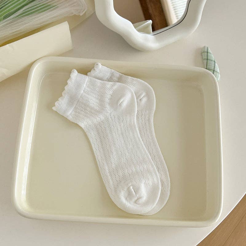 Cute Solid Color Mesh Ruffle Ankle Sock White