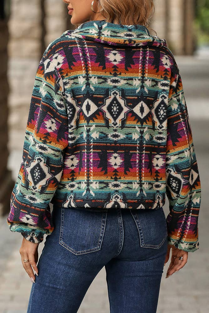 Western Aztec Pattern Button Up Fleece Crop Jacket