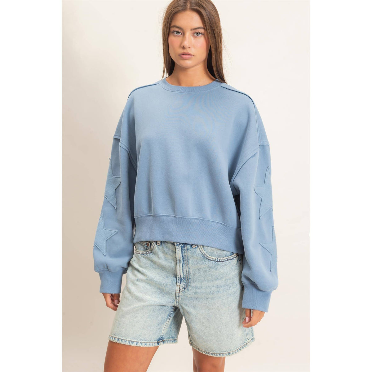 Star Patch Sleeve Sweatshirt: DUSTY BLUE