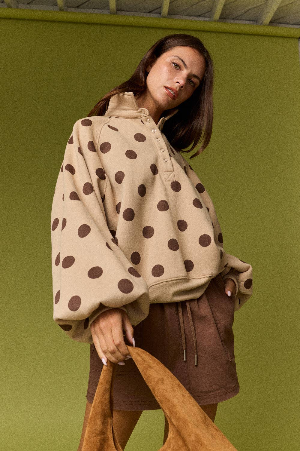 Collar Half-Snap Button  Polka Dot Sweatshirt: WHITE/BROWN DOT