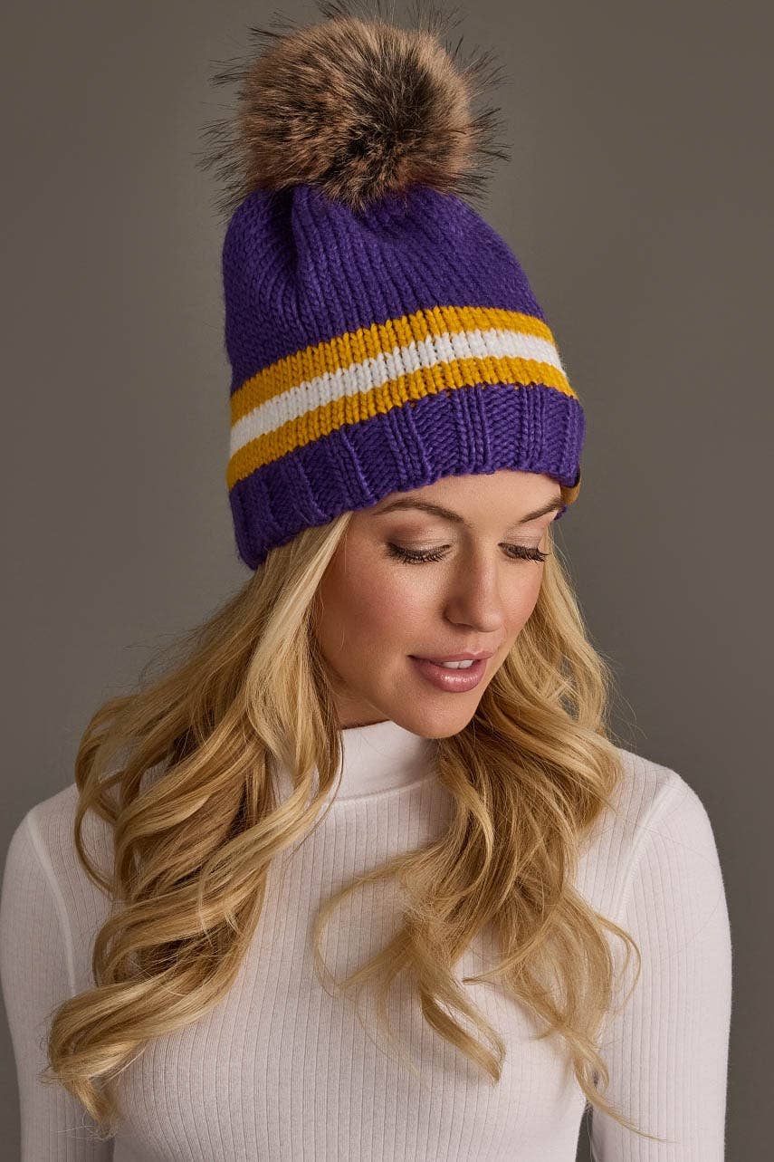 Purple, Gold & White Knit Pom Hat