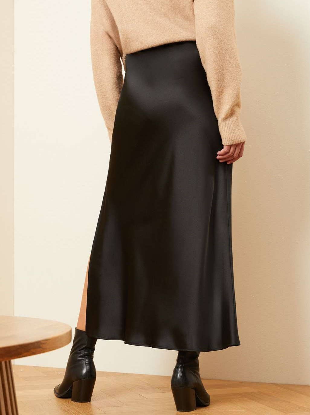 Satin Slit Maxi Skirt: Black