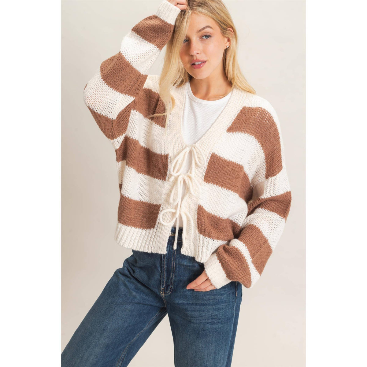 Striped V-Neck Sweater Cardigan: BROWN