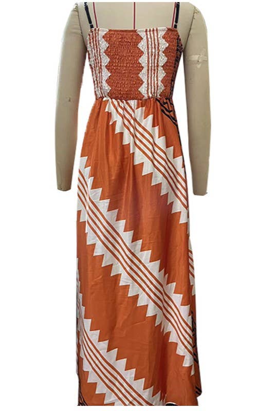 Ethnic Print Slip Midi Dress: Brown