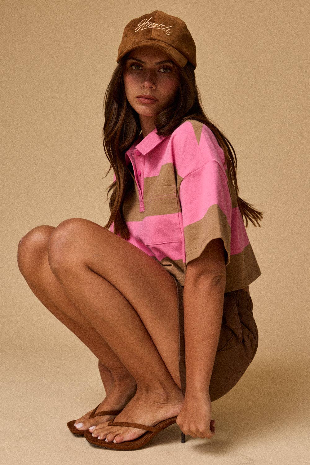 Cropped Rugby Stripe Polo Top  : IVORY/HUNTER