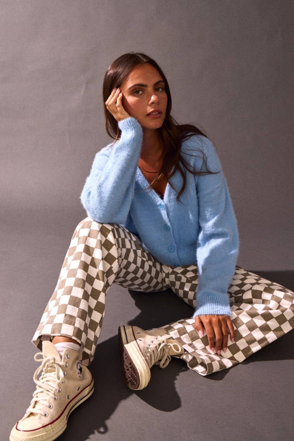 Demi Checkered Bottoms w Elastic Band: Taupe