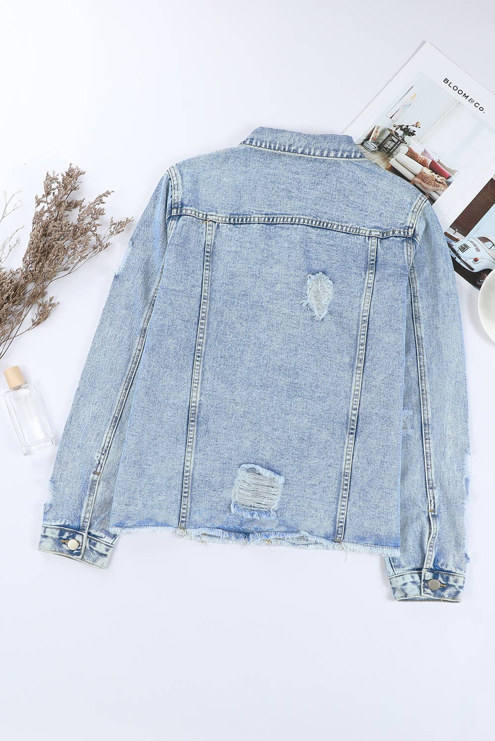 Distressed Raw Hem Buttons Denim Jacket